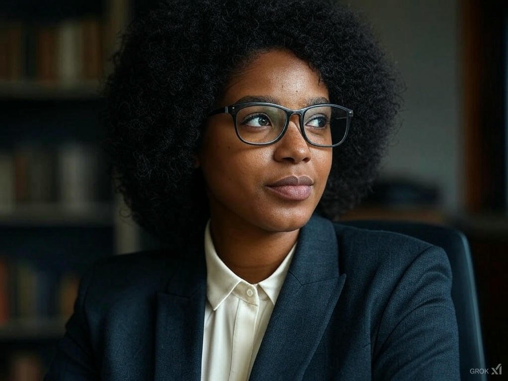 photo d'une femme africaine style intello générée avec Grok 3 - arounaba.com